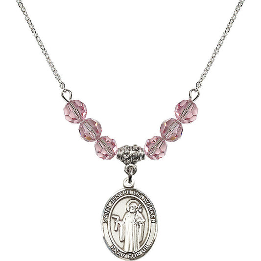 Sterling Silver Saint Joseph the Worker Birthstone Necklace with Light Rose Beads - 8220