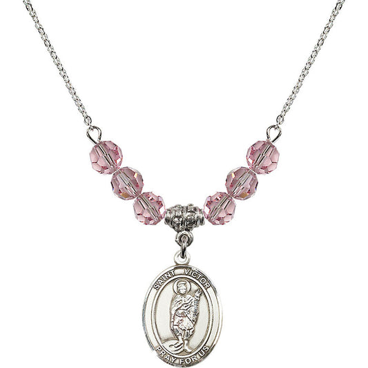 Sterling Silver Saint Victor of Marseilles Birthstone Necklace with Light Rose Beads - 8223