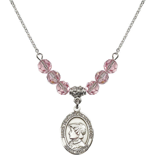 Sterling Silver Saint Elizabeth Ann Seton Birthstone Necklace with Light Rose Beads - 8224