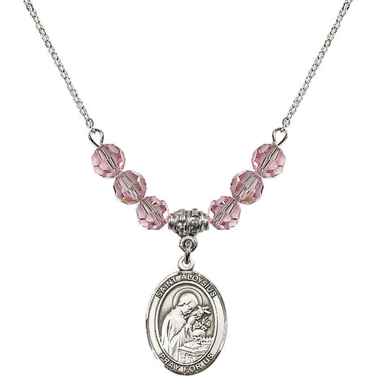 Sterling Silver Saint Aloysius Gonzaga Birthstone Necklace with Light Rose Beads - 8225