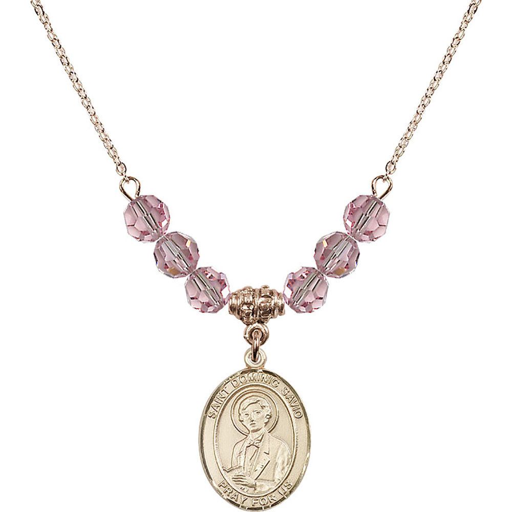 14kt Gold Filled Saint Dominic Savio Birthstone Necklace with Light Rose Beads - 8227