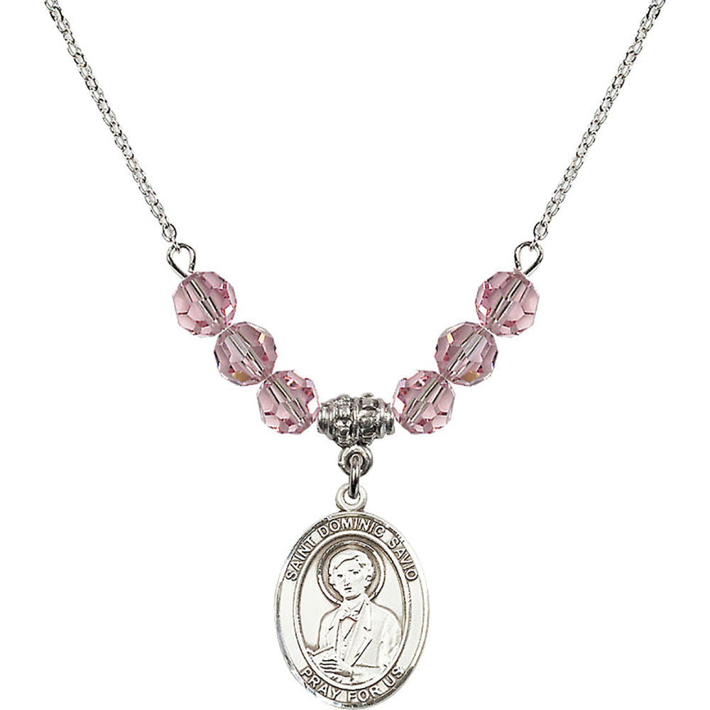 Sterling Silver Saint Dominic Savio Birthstone Necklace with Light Rose Beads - 8227