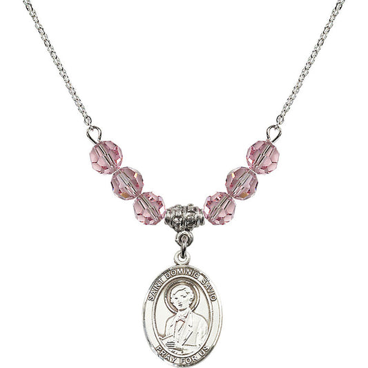 Sterling Silver Saint Dominic Savio Birthstone Necklace with Light Rose Beads - 8227