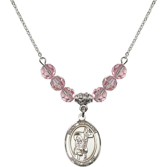 Sterling Silver Saint Stephanie Birthstone Necklace with Light Rose Beads - 8228