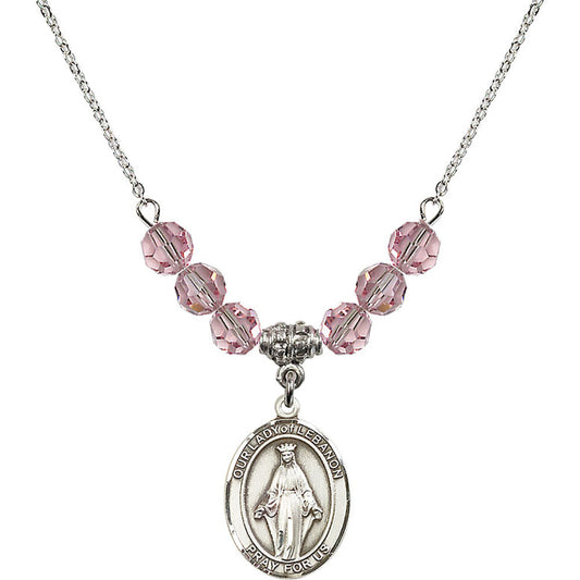 Sterling Silver Our Lady of Lebanon Birthstone Necklace with Light Rose Beads - 8229