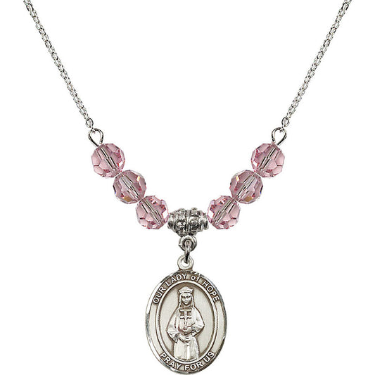 Sterling Silver Our Lady of Hope Birthstone Necklace with Light Rose Beads - 8230
