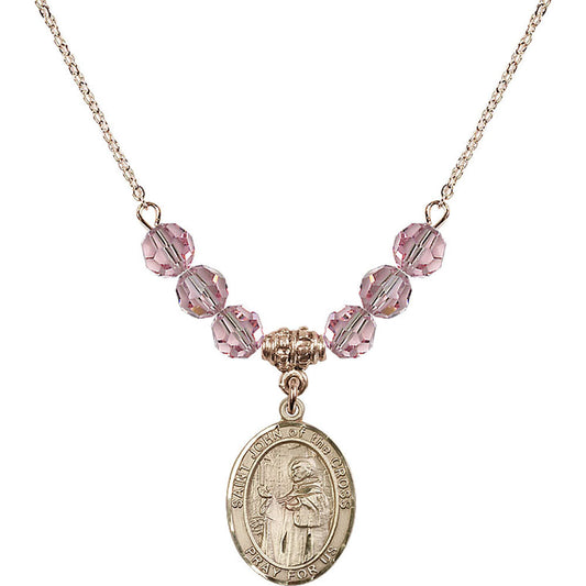 14kt Gold Filled Saint John of the Cross Birthstone Necklace with Light Rose Beads - 8231