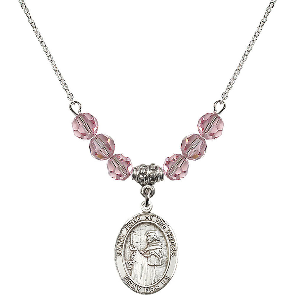 Sterling Silver Saint John of the Cross Birthstone Necklace with Light Rose Beads - 8231