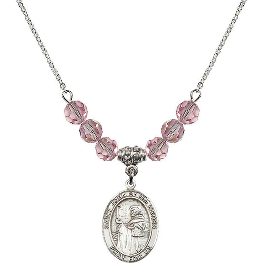Sterling Silver Saint John of the Cross Birthstone Necklace with Light Rose Beads - 8231