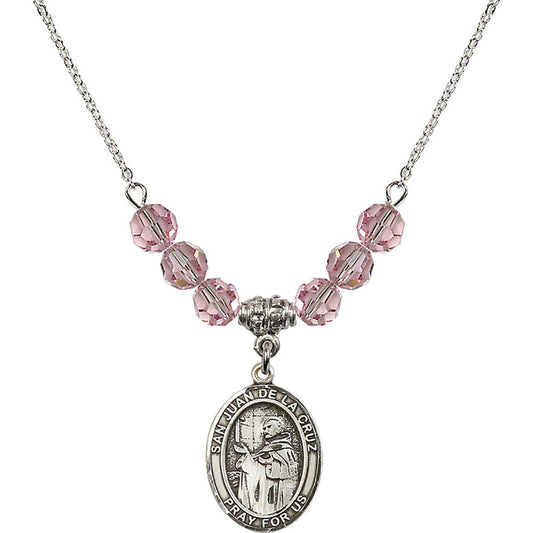 Sterling Silver San Juan de la Cruz Birthstone Necklace with Light Rose Beads - 8232