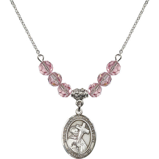 Sterling Silver Saint Bernard of Clairvaux Birthstone Necklace with Light Rose Beads - 8233