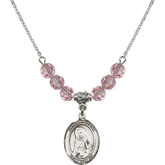 Sterling Silver Saint Madeline Sophie Barat Birthstone Necklace with Light Rose Beads - 8236