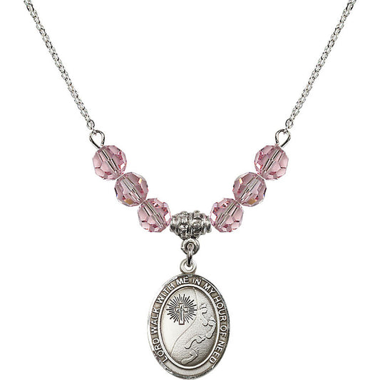 Sterling Silver Footprints / Cross Birthstone Necklace with Light Rose Beads - 8237