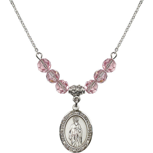 Sterling Silver Saint Bartholomew the Apostle Birthstone Necklace with Light Rose Beads - 8238