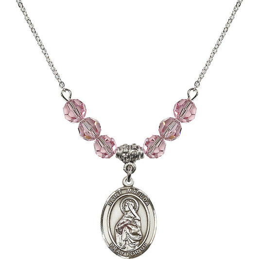 Sterling Silver Saint Matilda Birthstone Necklace with Light Rose Beads - 8239