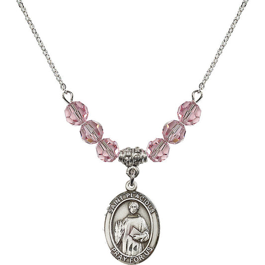 Sterling Silver Saint Placidus Birthstone Necklace with Light Rose Beads - 8240