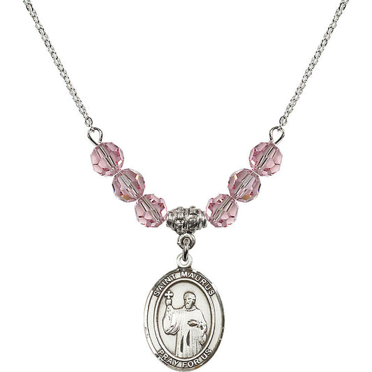Sterling Silver Saint Maurus Birthstone Necklace with Light Rose Beads - 8241