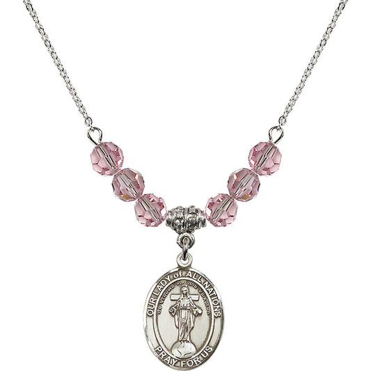 Sterling Silver Our Lady of All Nations Birthstone Necklace with Light Rose Beads - 8242