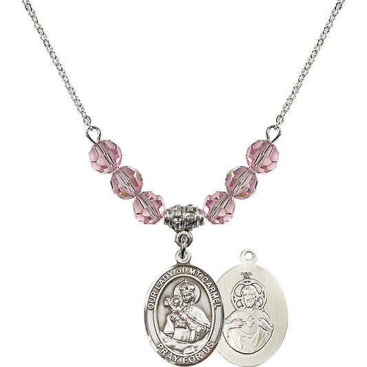 Sterling Silver Our Lady of Mount Carmel Birthstone Necklace with Light Rose Beads - 8243