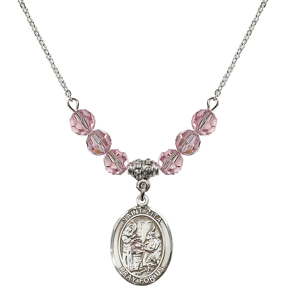 Sterling Silver Saint Zita Birthstone Necklace with Light Rose Beads - 8244