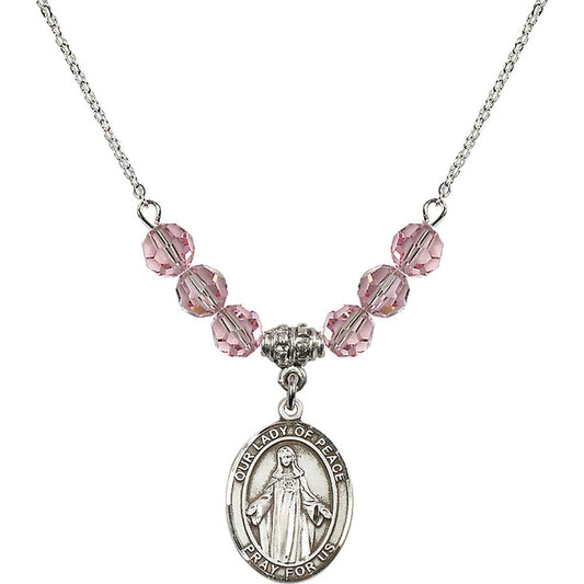 Sterling Silver Our Lady of Peace Birthstone Necklace with Light Rose Beads - 8245