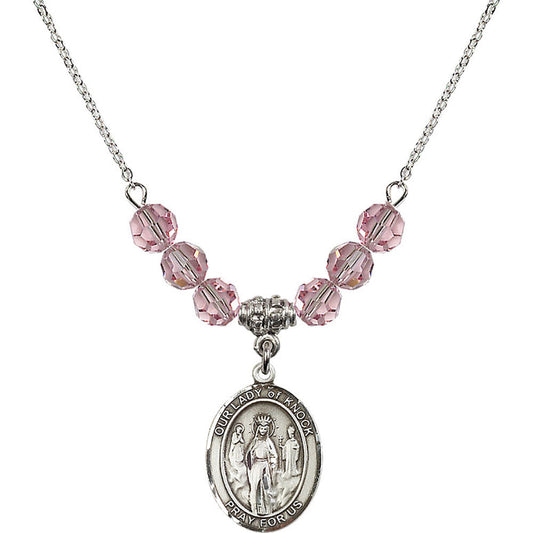 Sterling Silver Our Lady of Knock Birthstone Necklace with Light Rose Beads - 8246