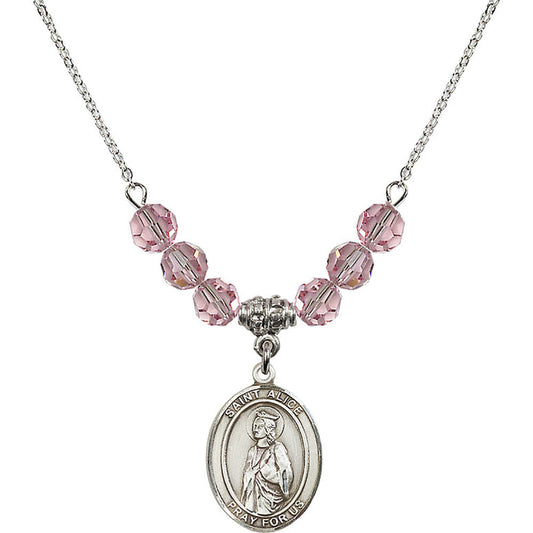 Sterling Silver Saint Alice Birthstone Necklace with Light Rose Beads - 8248