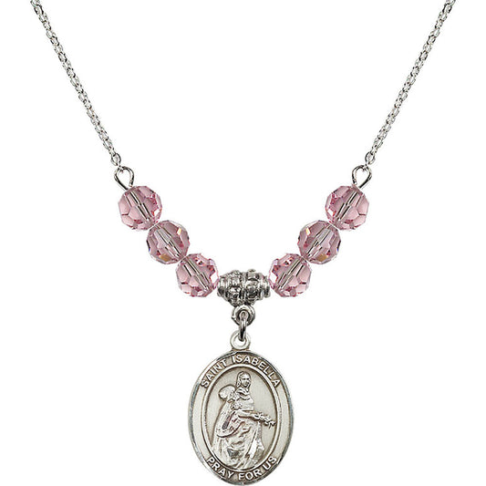 Sterling Silver Saint Isabella of Portugal Birthstone Necklace with Light Rose Beads - 8250