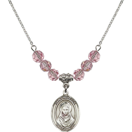 Sterling Silver Saint Rebecca Birthstone Necklace with Light Rose Beads - 8252