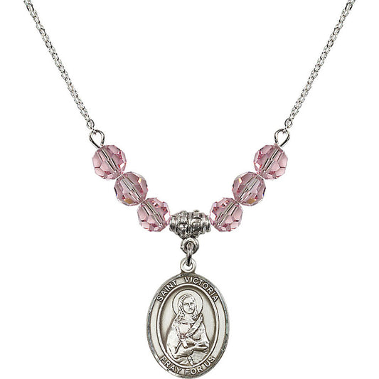 Sterling Silver Saint Victoria Birthstone Necklace with Light Rose Beads - 8253