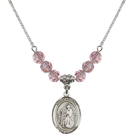 Sterling Silver Saint Aaron Birthstone Necklace with Light Rose Beads - 8254