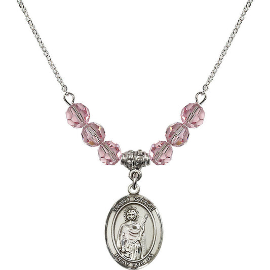 Sterling Silver Saint Grace Birthstone Necklace with Light Rose Beads - 8255