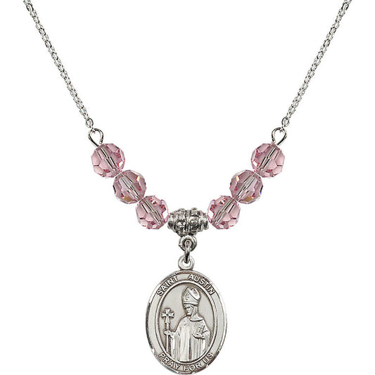 Sterling Silver Saint Austin Birthstone Necklace with Light Rose Beads - 8256