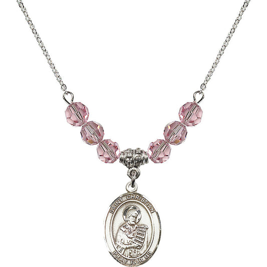 Sterling Silver Saint Christian Demosthenes Birthstone Necklace with Light Rose Beads - 8257