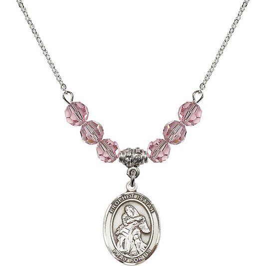 Sterling Silver Saint Isaiah Birthstone Necklace with Light Rose Beads - 8258