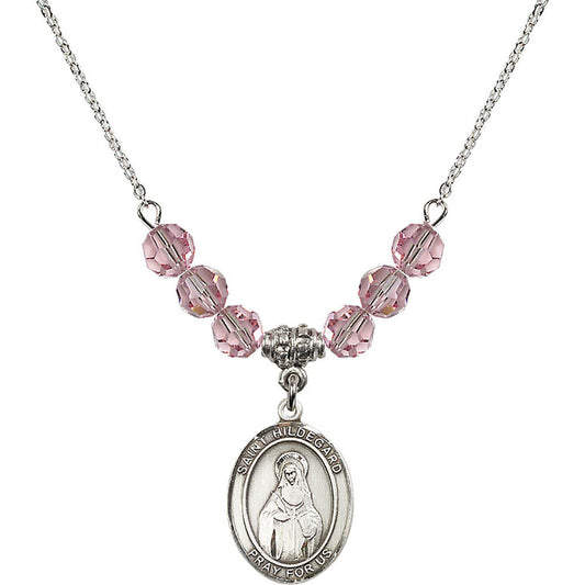 Sterling Silver Saint Hildegard von Bingen Birthstone Necklace with Light Rose Beads - 8260