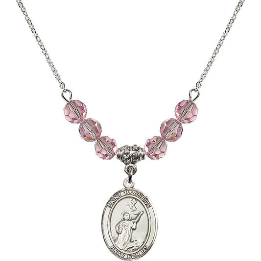 Sterling Silver Saint Tarcisius Birthstone Necklace with Light Rose Beads - 8261