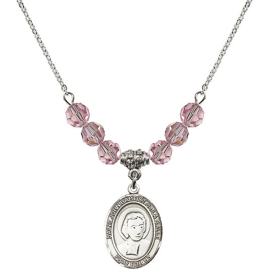 Sterling Silver Saint John Baptist de la Salle Birthstone Necklace with Light Rose Beads - 8262