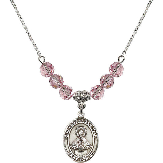 Sterling Silver Our Lady of San Juan Birthstone Necklace with Light Rose Beads - 8263