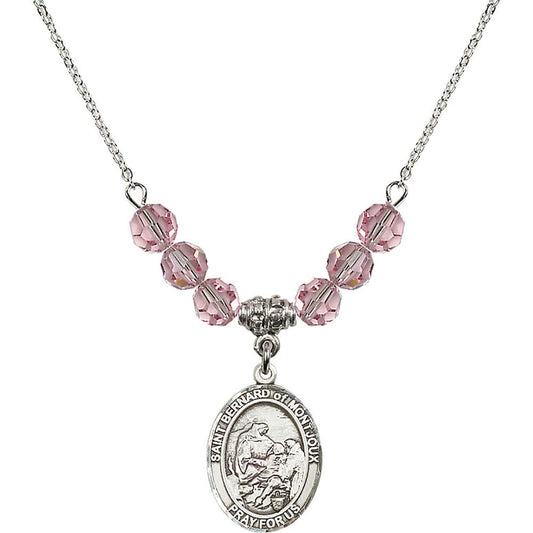 Sterling Silver Saint Bernard of Montjoux Birthstone Necklace with Light Rose Beads - 8264