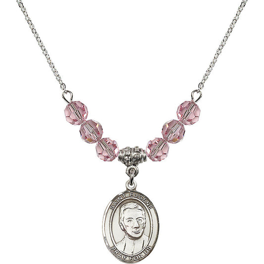 Sterling Silver Saint Eugene de Mazenod Birthstone Necklace with Light Rose Beads - 8266