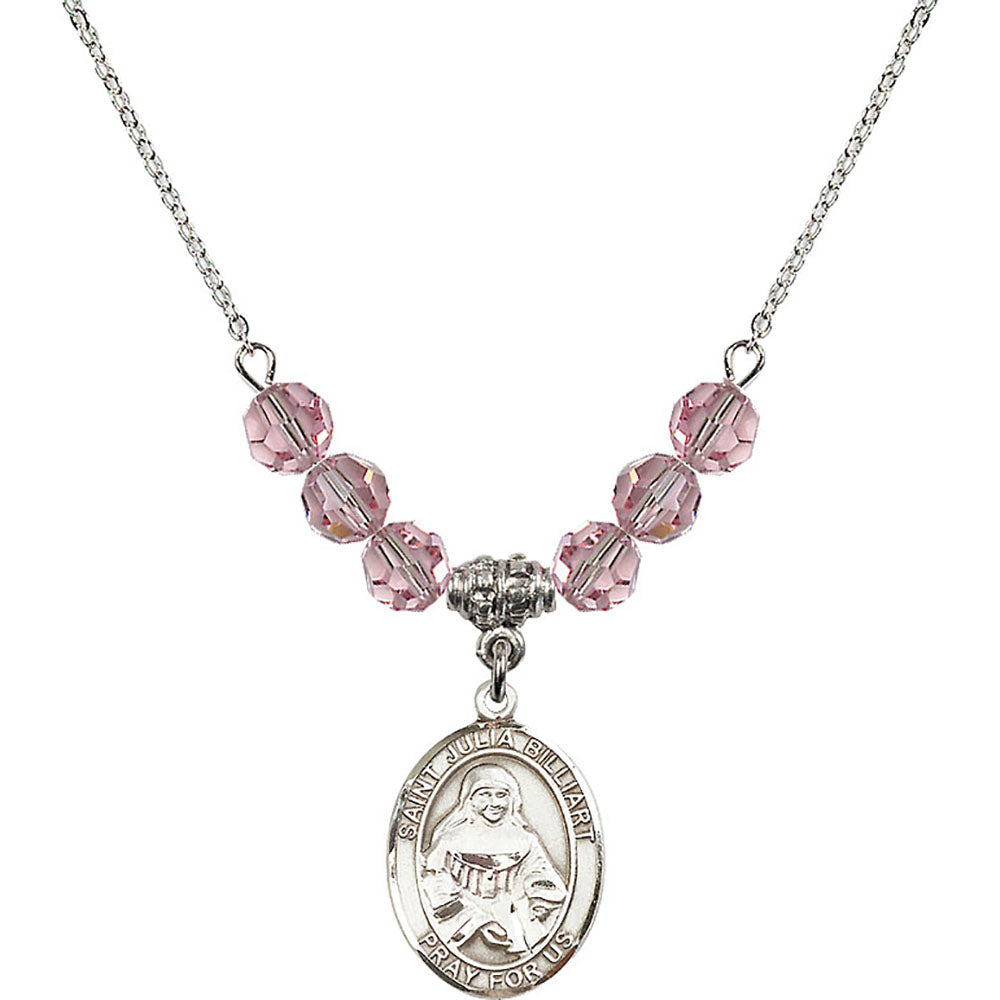 Sterling Silver Saint Julia Billiart Birthstone Necklace with Light Rose Beads - 8267
