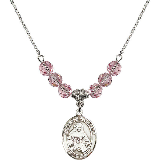 Sterling Silver Saint Julia Billiart Birthstone Necklace with Light Rose Beads - 8267