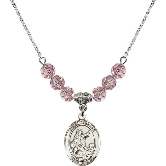 Sterling Silver Saint Colette Birthstone Necklace with Light Rose Beads - 8268