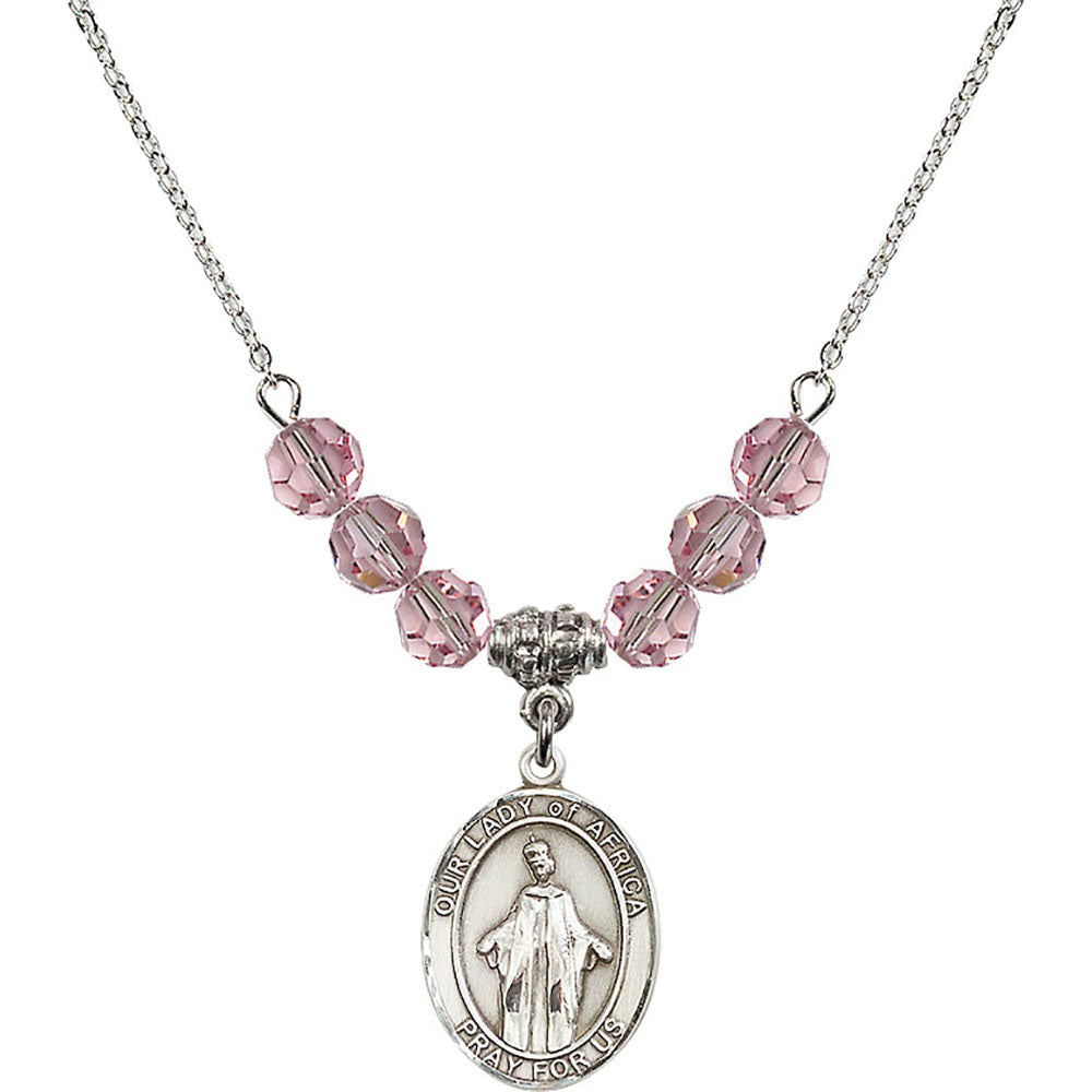 Sterling Silver Our Lady of Africa Birthstone Necklace with Light Rose Beads - 8269