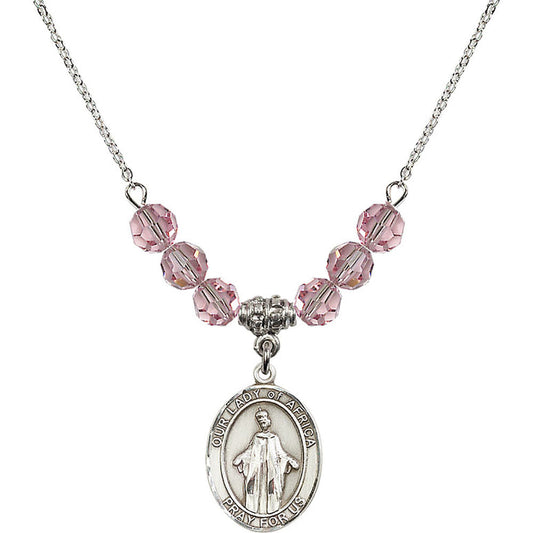 Sterling Silver Our Lady of Africa Birthstone Necklace with Light Rose Beads - 8269