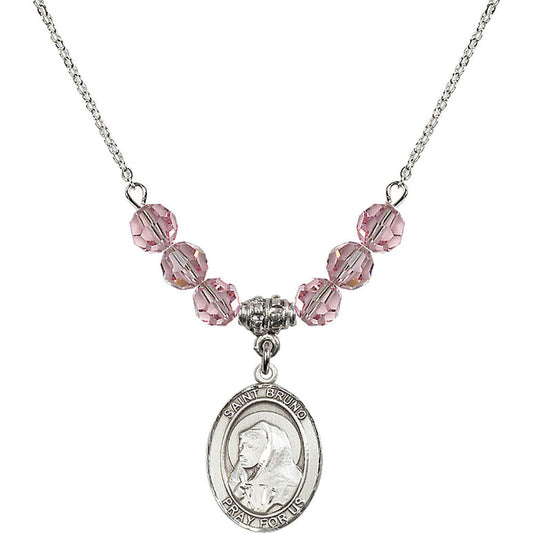 Sterling Silver Saint Bruno Birthstone Necklace with Light Rose Beads - 8270