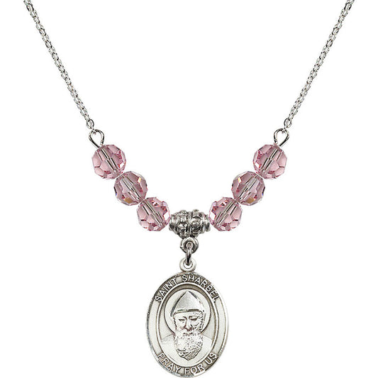 Sterling Silver Saint Sharbel Birthstone Necklace with Light Rose Beads - 8271