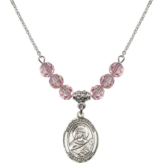 Sterling Silver Saint Perpetua Birthstone Necklace with Light Rose Beads - 8272