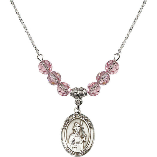 Sterling Silver Saint Wenceslaus Birthstone Necklace with Light Rose Beads - 8273